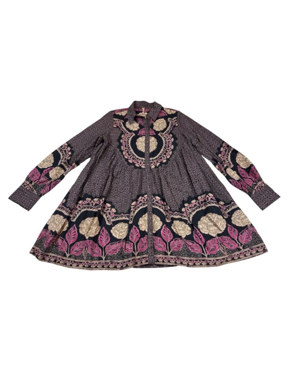Free People XS Black Floral Embroidered Boho Tunic Dress Long Sleeve (K554) - Picture 4 of 10